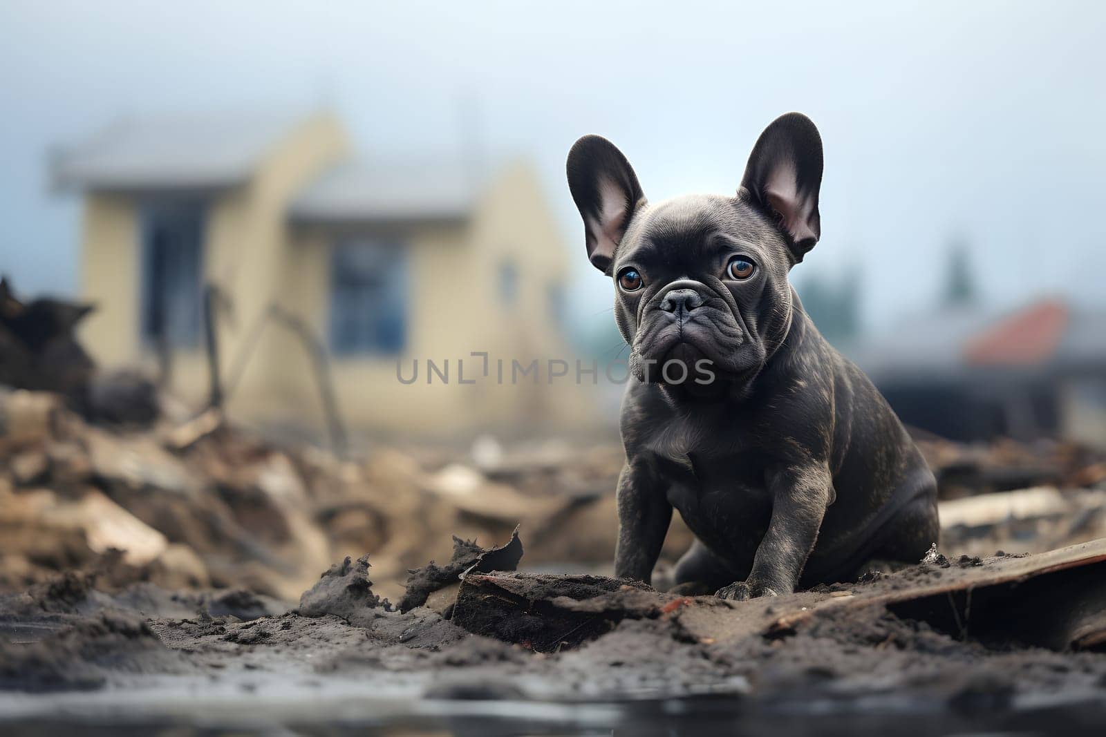 Alone and hungry French Bulldog after disaster on the background of house rubble. Neural network generated image. Not based on any actual scene.