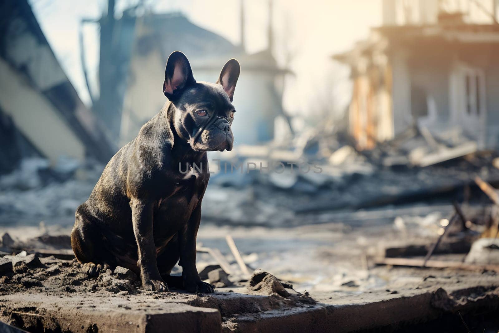 Alone and hungry French Bulldog after disaster on the background of house rubble. Neural network generated image. Not based on any actual scene.