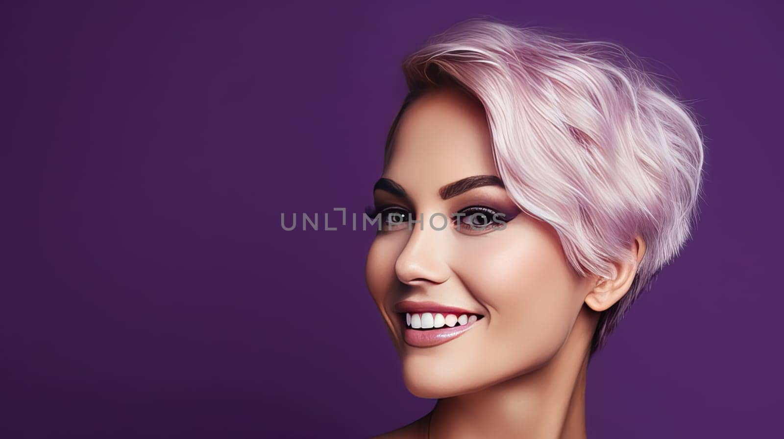 Portrait of a beautiful, sexy Caucasian woman with perfect skin and white short hair, on a purple background. Advertising of cosmetic products, spa treatments, shampoos and hair care, dentistry and medicine, perfumes and cosmetology for women.