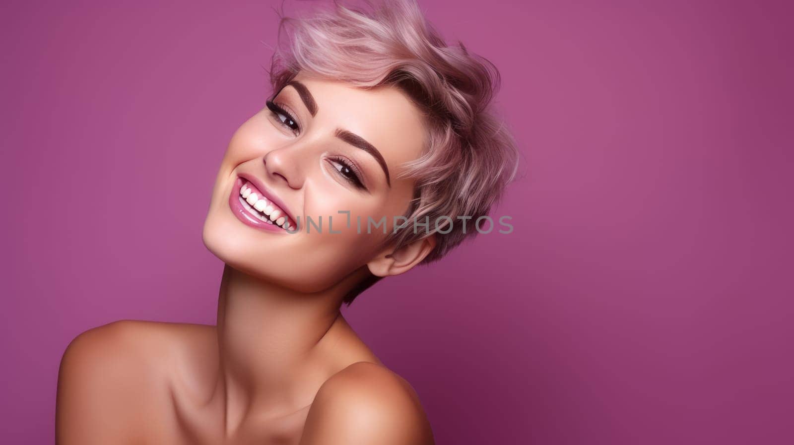 Portrait of a beautiful, sexy smiling Caucasian woman with perfect skin and short haircut, on a purple background. Advertising of cosmetic products, spa treatments, shampoos and hair care, dentistry and medicine, perfumes and cosmetology for women.