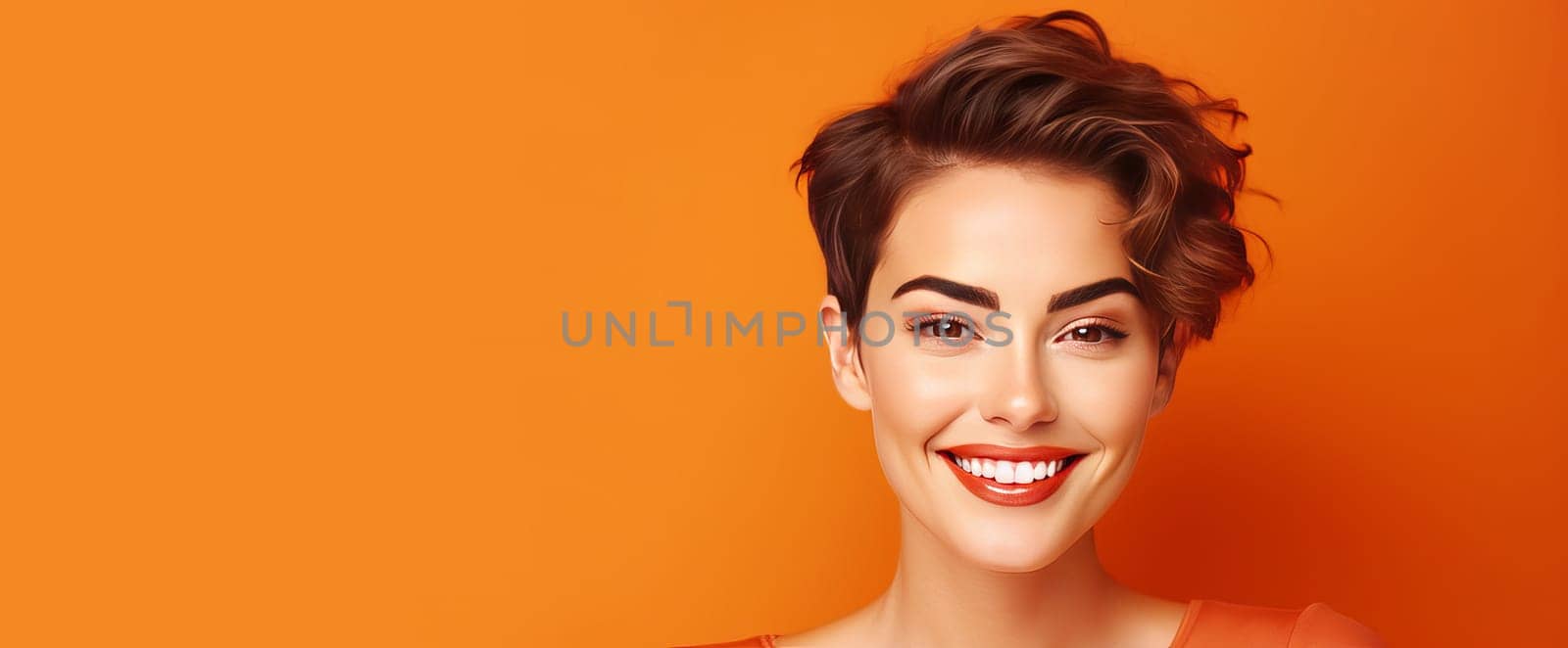 Portrait of a beautiful, sexy smiling Caucasian woman with perfect skin and short haircut, on an orange background. Advertising of cosmetic products, spa treatments, shampoos and hair care, dentistry and medicine, perfumes and cosmetology for women.