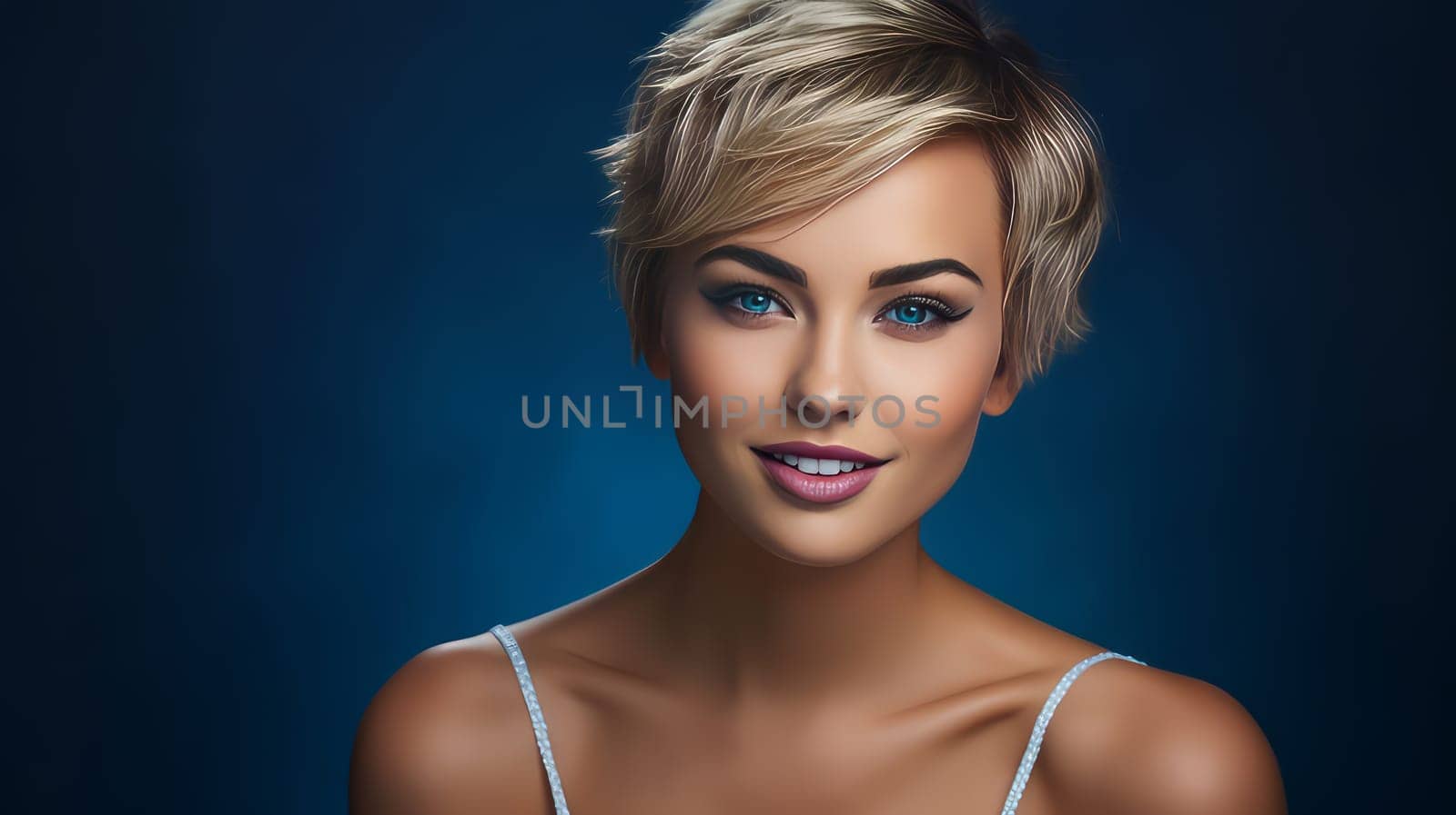 Portrait of a beautiful, sexy Caucasian woman with perfect skin and white short hair, on a dark blue background. by Alla_Yurtayeva