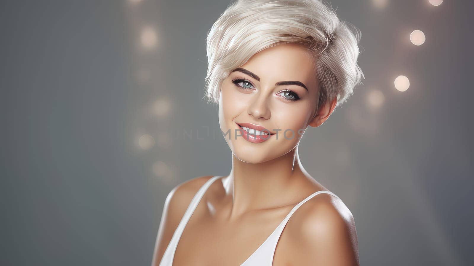 Portrait of a beautiful, sexy Caucasian woman with perfect skin and white short hair, on a silver background. Advertising of cosmetic products, spa treatments, shampoos and hair care, dentistry and medicine, perfumes and cosmetology for women.