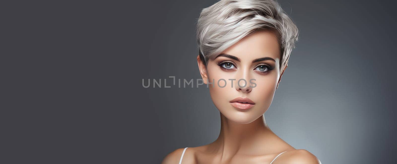 Portrait of a beautiful, sexy smiling Caucasian woman with perfect skin and short haircut, on a silver background. Advertising of cosmetic products, spa treatments, shampoos and hair care, dentistry and medicine, perfumes and cosmetology for women.