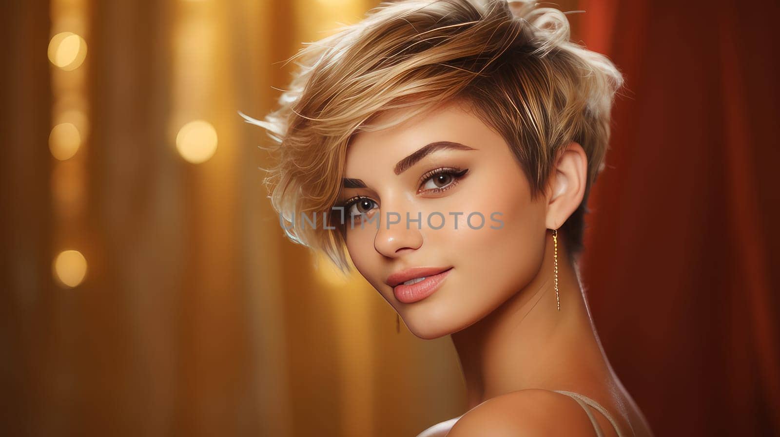 Portrait of a beautiful, sexy smiling Caucasian woman with perfect skin and short haircut, on a golden background. by Alla_Yurtayeva