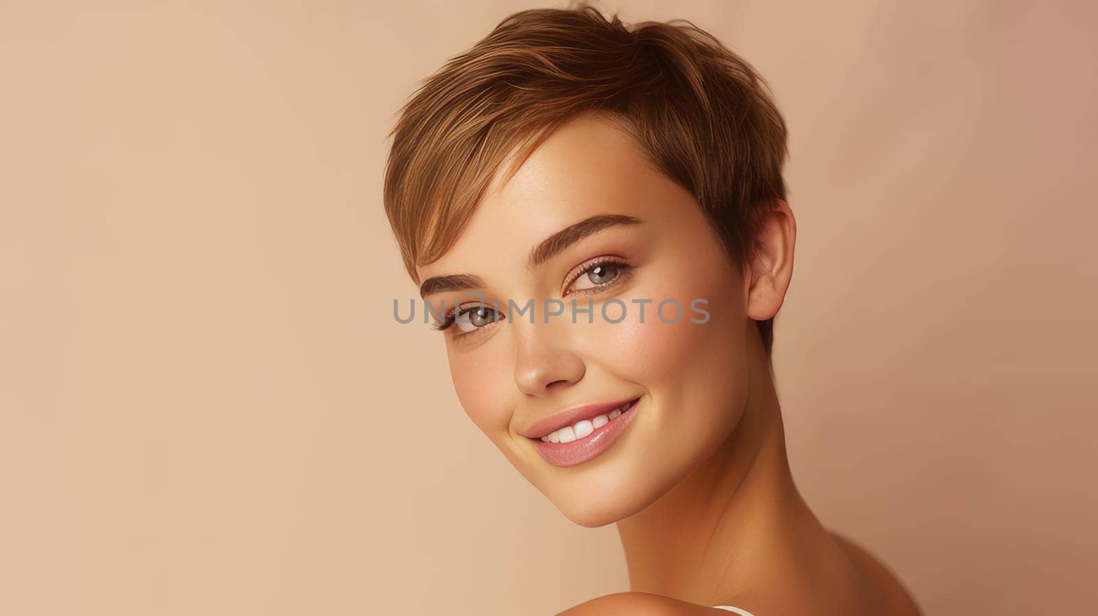Portrait of a beautiful, smiling Caucasian woman with perfect skin and short haircut, on a creamy beige background. Advertising of cosmetic products, spa treatments, shampoos and hair care, dentistry and medicine, perfumes and cosmetology for women.