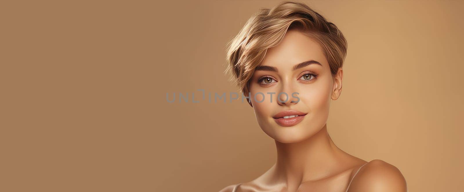 Portrait of a beautiful, sexy Caucasian woman with perfect skin and white short hair, on a creamy beige background. Advertising of cosmetic products, spa treatments, shampoos and hair care, dentistry and medicine, perfumes and cosmetology for women.