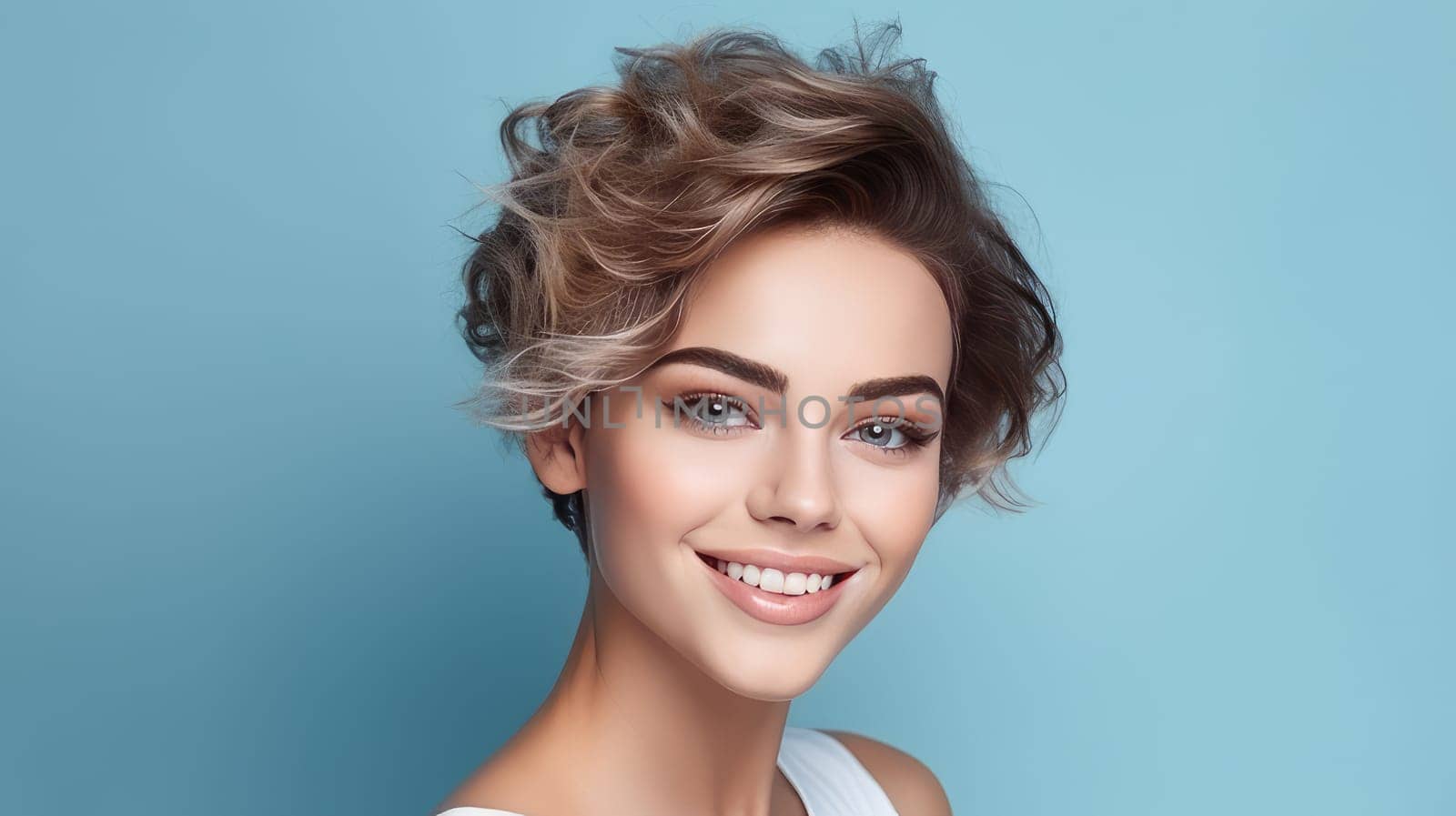 Portrait of a beautiful, sexy smiling Caucasian woman with perfect skin and short hair, on a light blue background. Advertising of cosmetic products, spa treatments, shampoos and hair care, dentistry and medicine, perfumes and cosmetology for women.