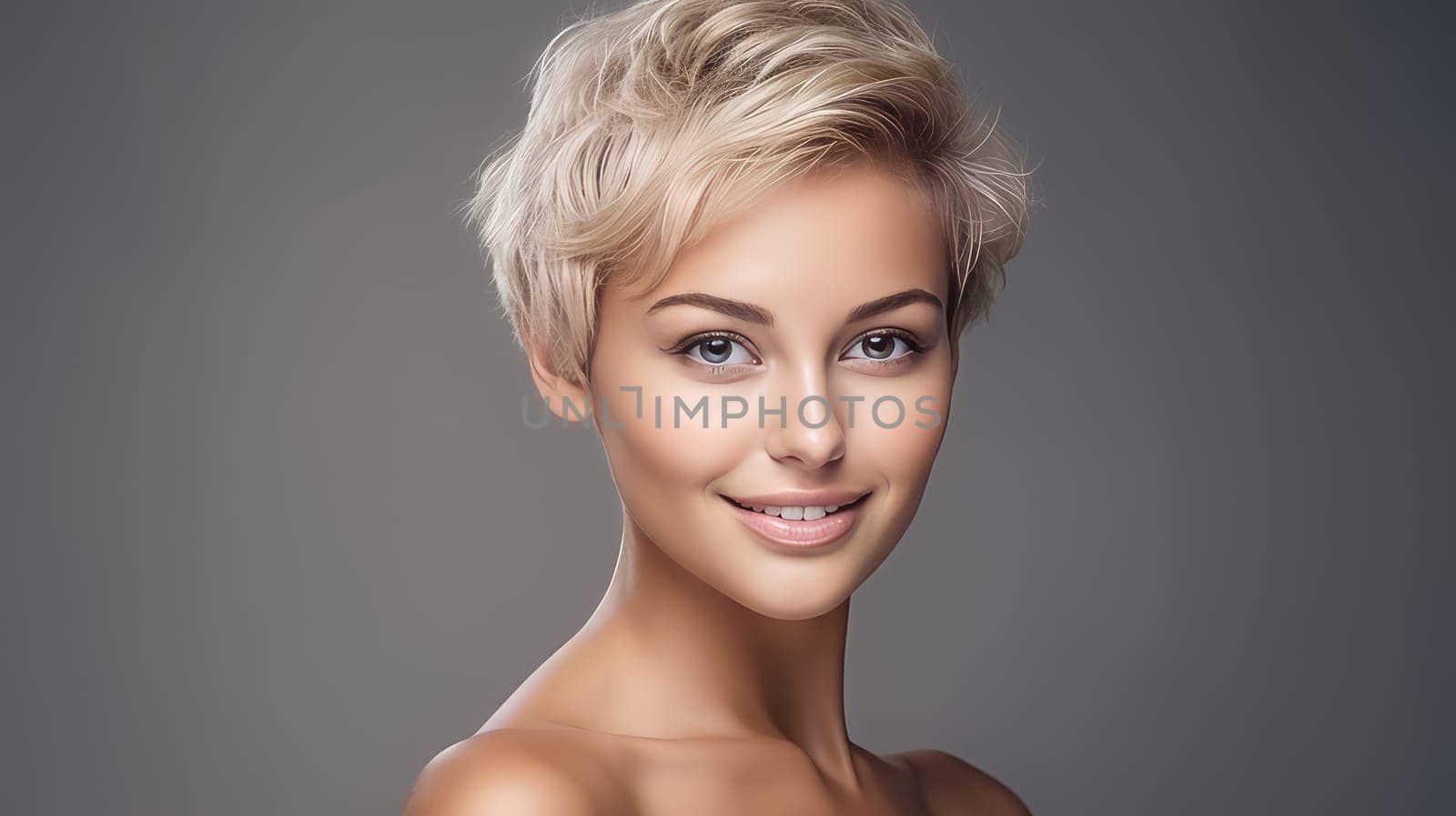 Portrait of a beautiful, sexy Caucasian woman with perfect skin and white short hair, on a gray background. by Alla_Yurtayeva