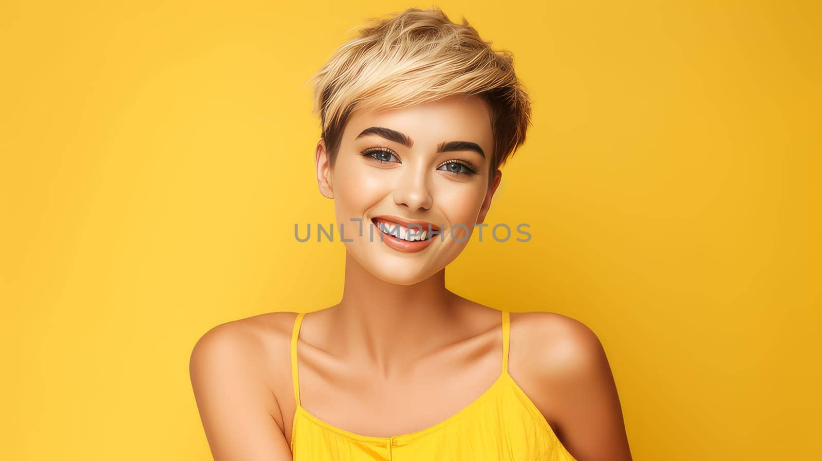 Portrait of a beautiful, sexy smiling Caucasian woman with perfect skin and short hair, on a yellow background. Advertising of cosmetic products, spa treatments, shampoos and hair care, dentistry and medicine, perfumes and cosmetology for women.