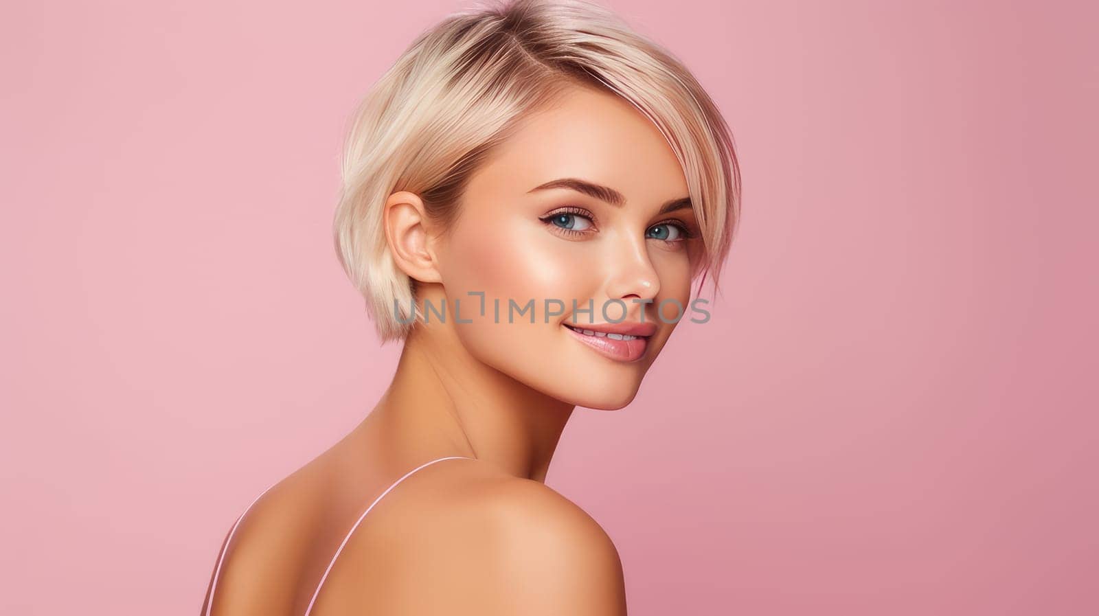 Portrait of a beautiful, sexy Caucasian woman with perfect skin and white short hair, on a pink background. by Alla_Yurtayeva