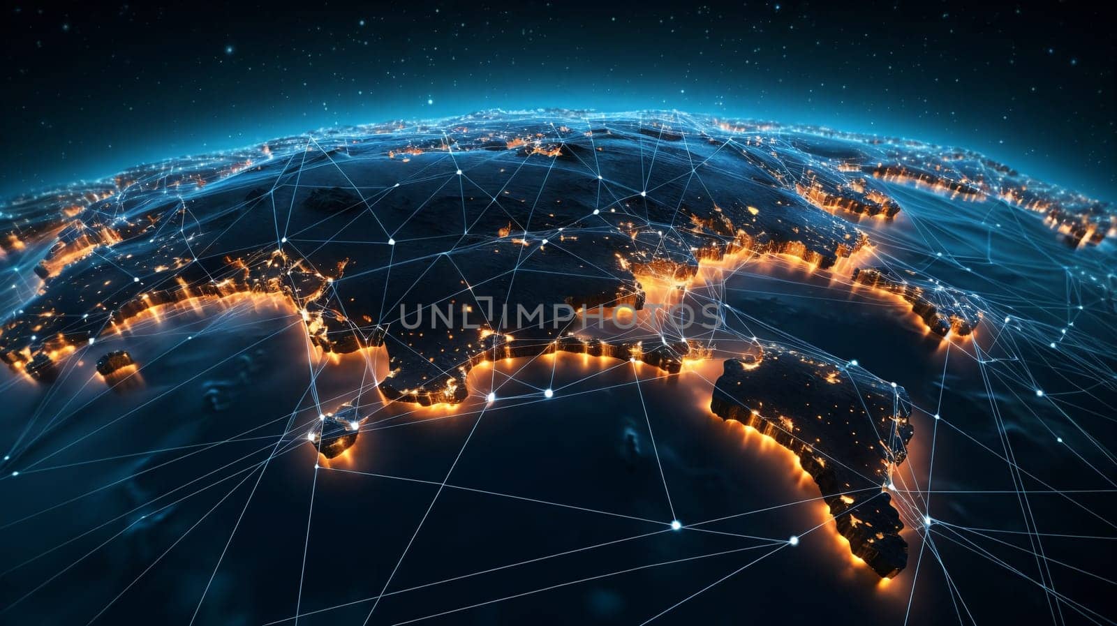 An intricate illustration depicting a global network connection, representing the interconnectivity of the internet across the world.