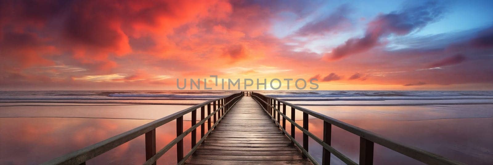 A tranquil scene of a wooden jetty stretching out into the golden sea, framed by a stunning sunset sky