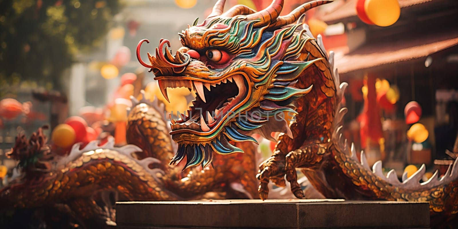 A majestic dragon, adorned with traditional Lunar New Year decorations. .