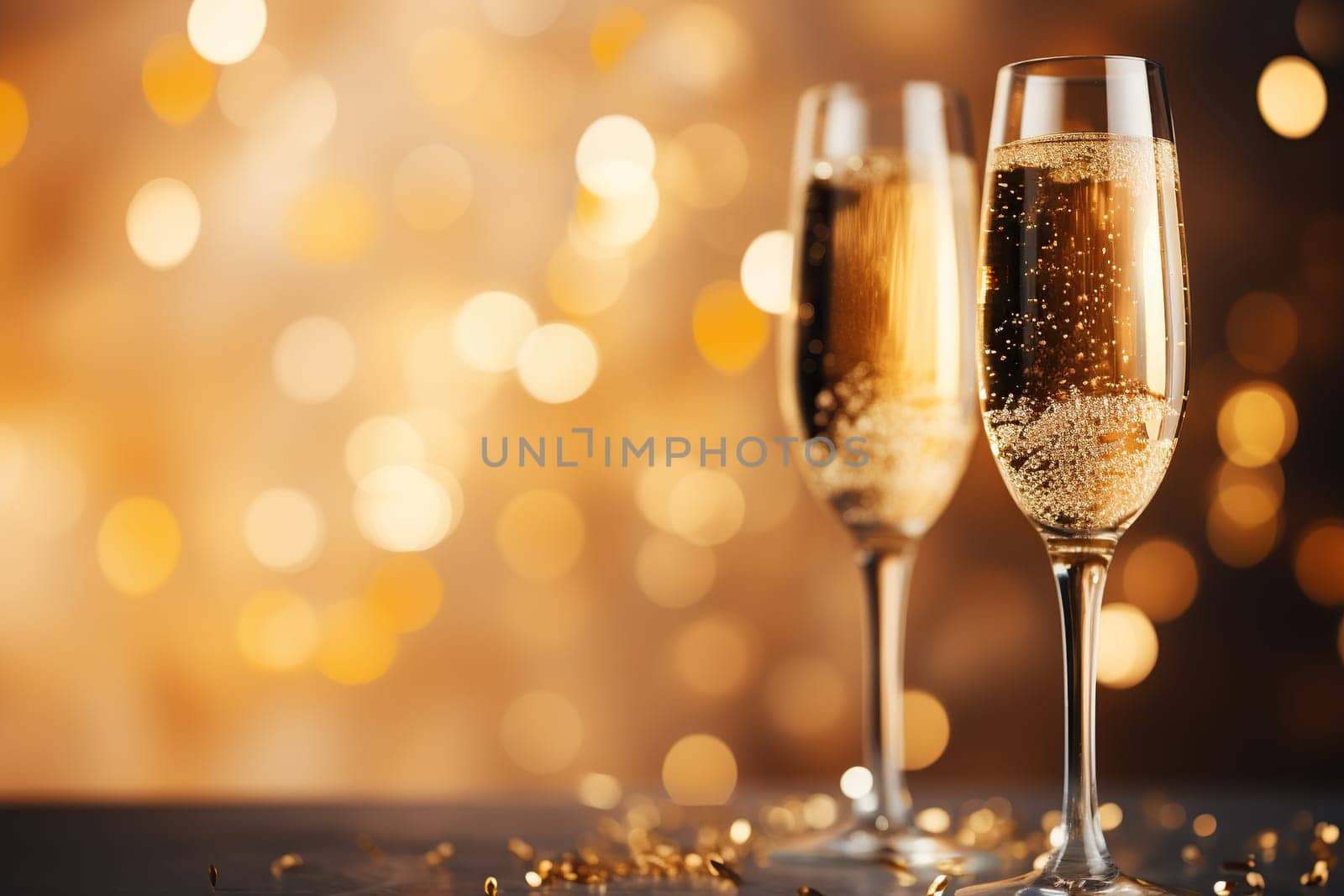 Two glasses of champagne against gold bokeh background. Generated by artificial intelligence