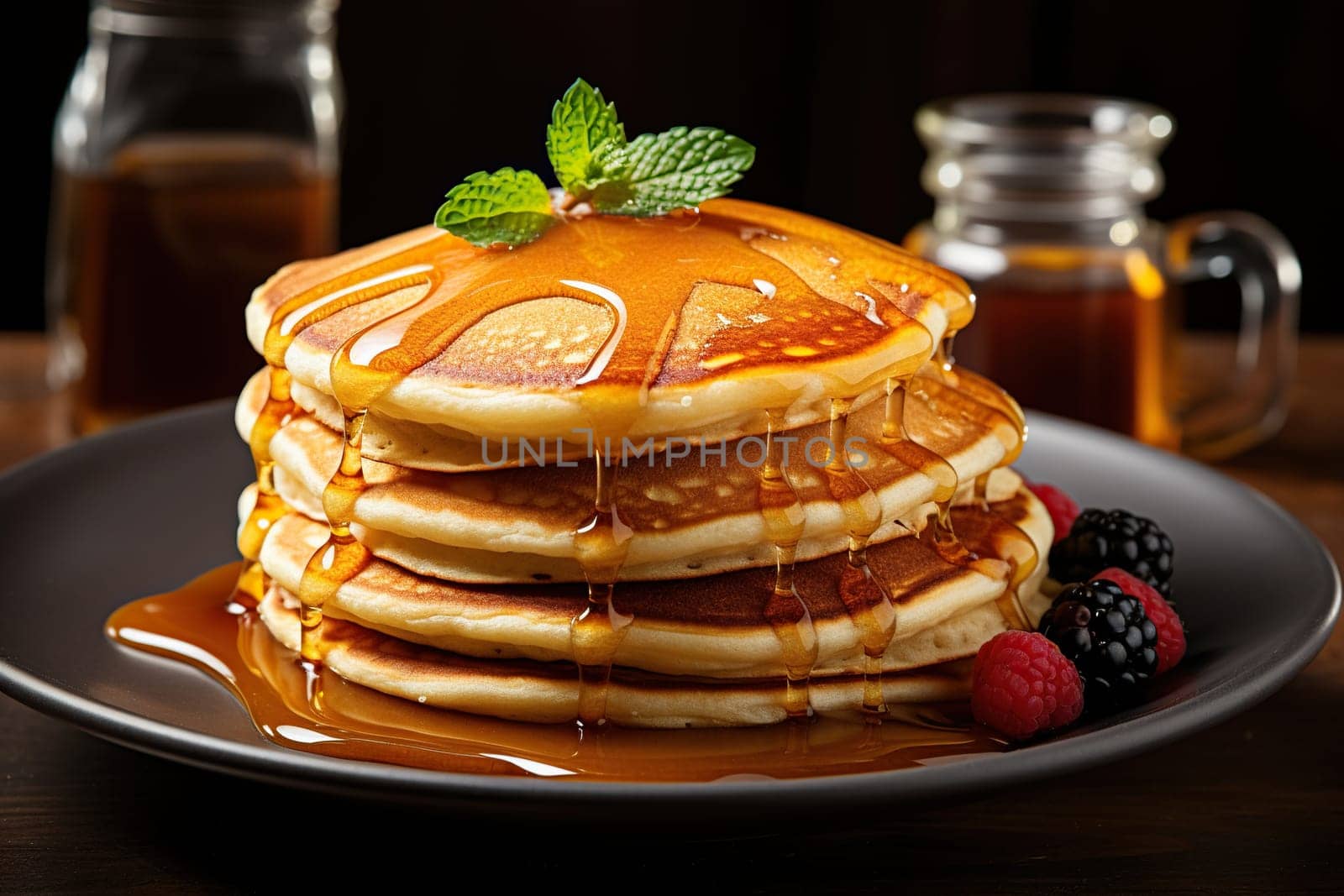 A stack of pancakes with maple syrup, berries and mint leaves. Desserts, breakfasts. Generated by artificial intelligence
