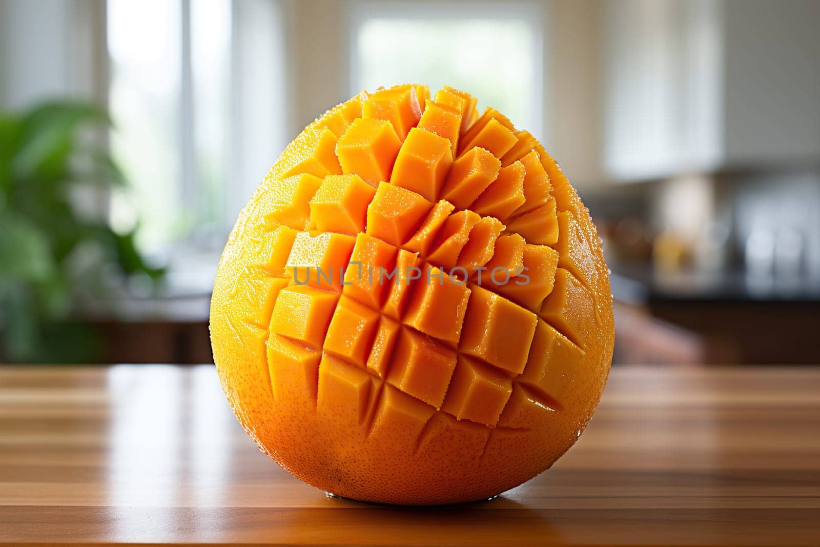 Tropical fruits. Ripe yellow mango fruit on a wooden table. Mango cut into pieces. Generated by artificial intelligence