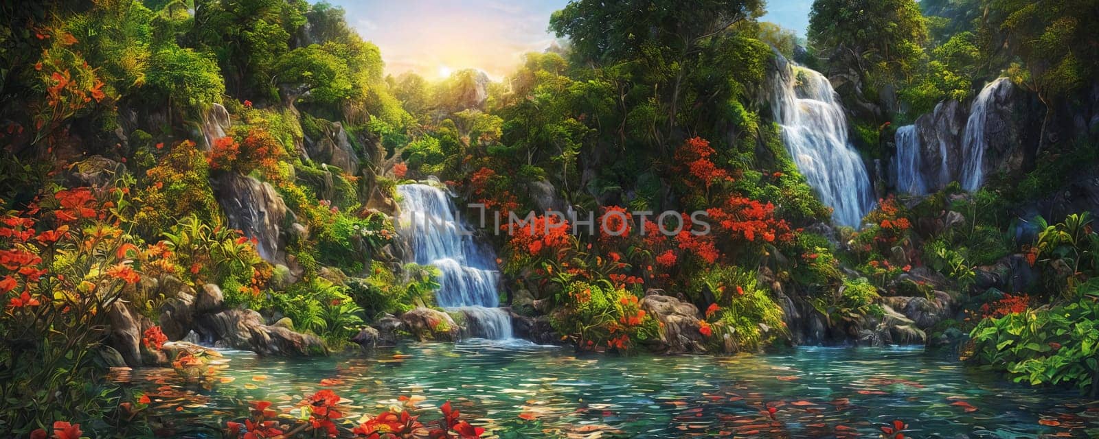 Fantasy landscape with waterfalls, flowers and tropical plants on foreground, panorama.