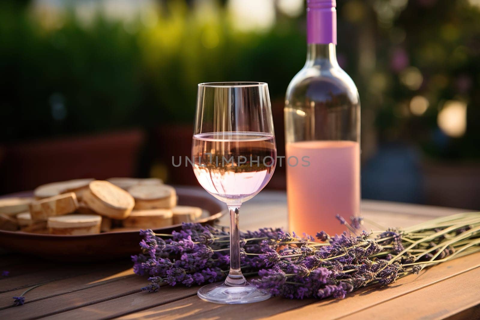 Glass of lavender wine on a wooden table in nature. Beautiful still life with lavender branches and a glass of wine. by Vovmar
