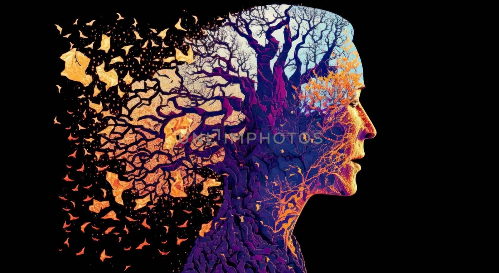 Mental health concept. Symbolic and abstract representation of memory loss, alzheimer's disease, anxiety and confused thoughts.