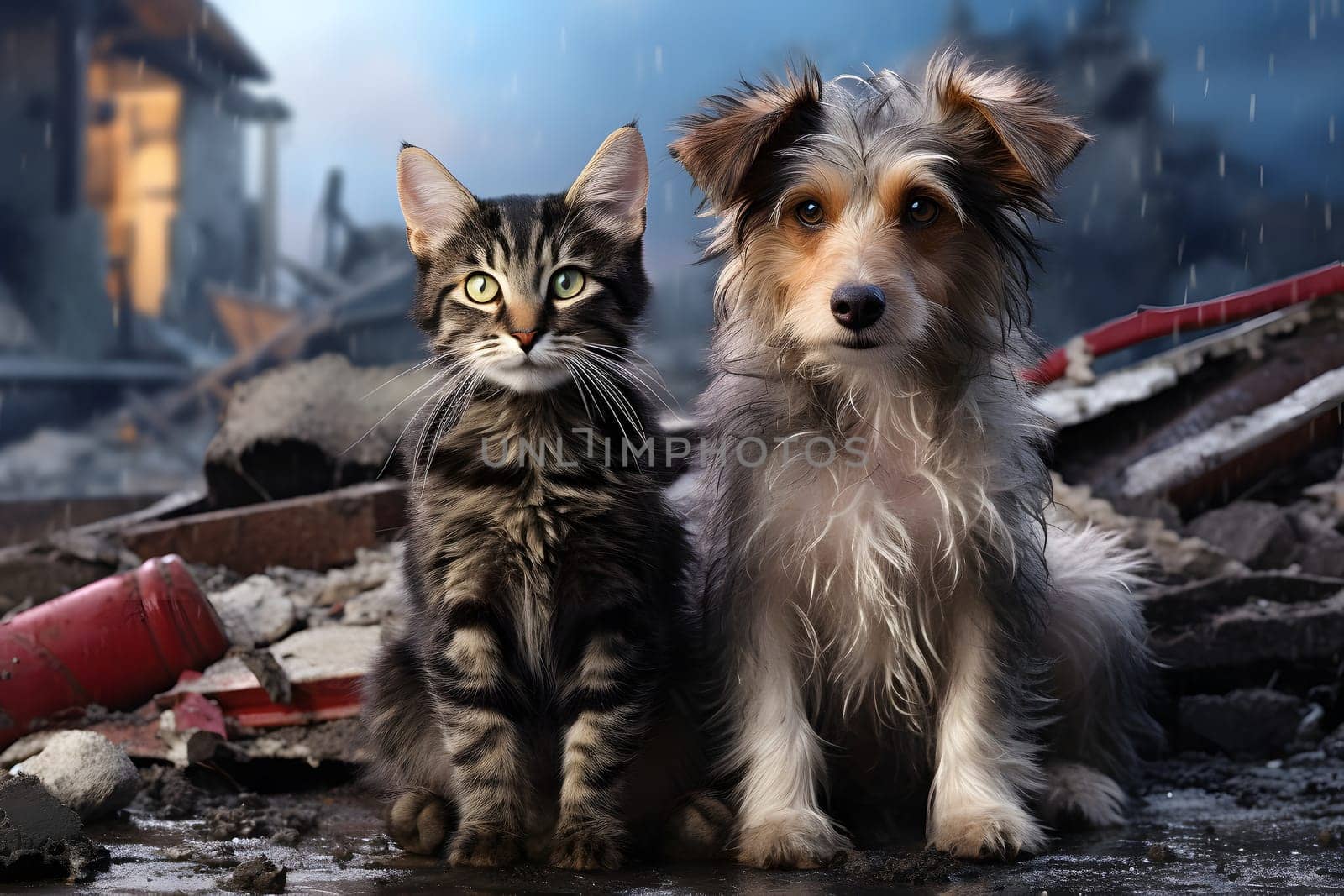 Alone and hungry pets after disaster on the background of house rubble. Neural network generated image. Not based on any actual scene.