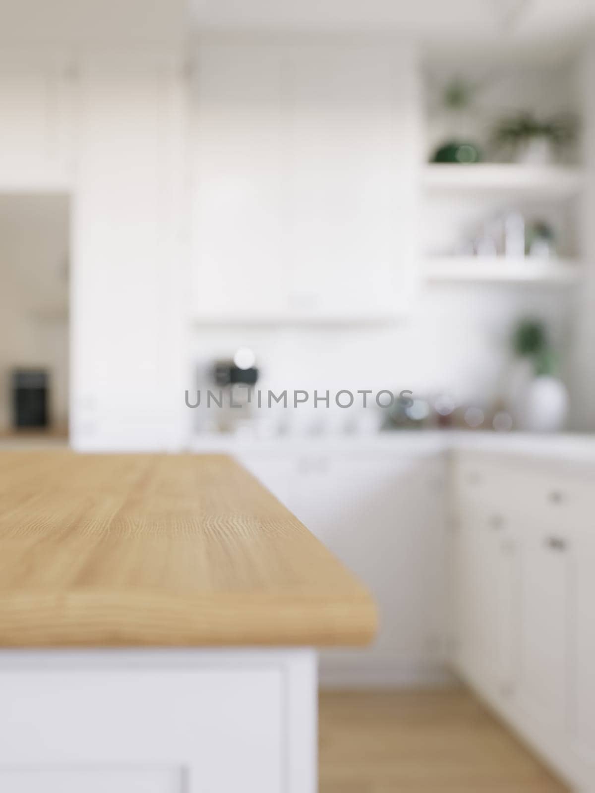 Wooden countertop, empty surface to place your goods, with a blurred kitchen background in the background. by N_Design