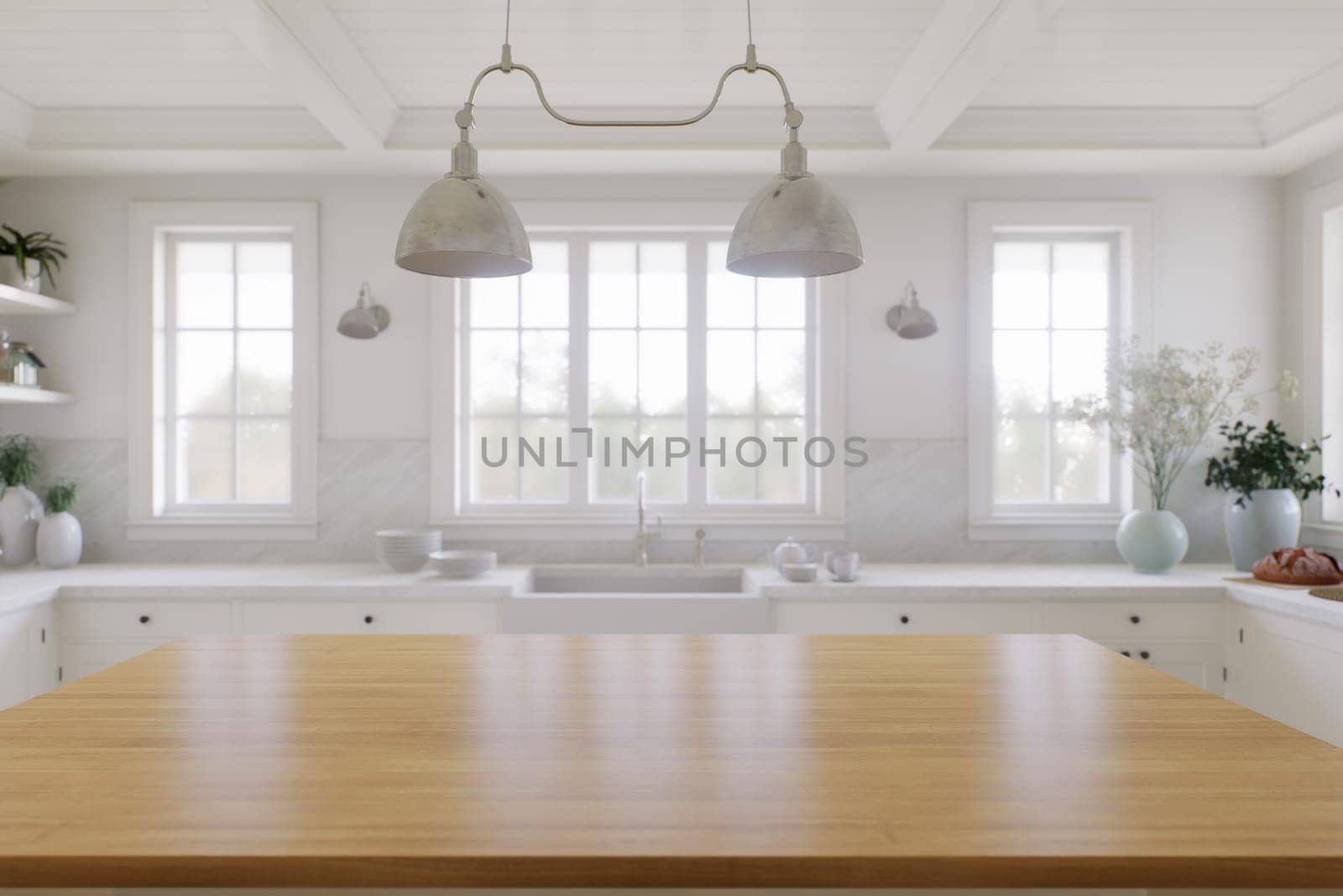 Wooden countertop, empty surface to place your goods, with a blurred kitchen background in the background. by N_Design