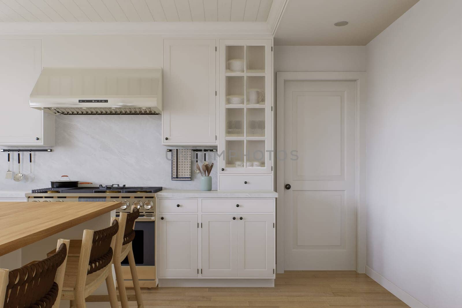 White U-shaped kitchen with windows, kitchen appliances and utensils. by N_Design