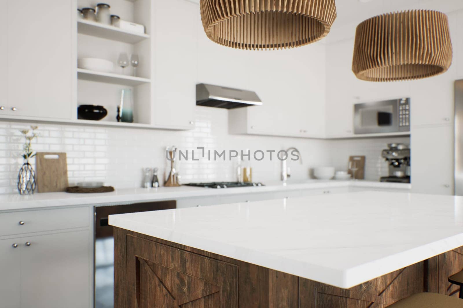 Focus on the marble countertop against the backdrop of kitchen appliances and utensils. Stylish traditional kitchen with wooden fixtures. 3D rendering