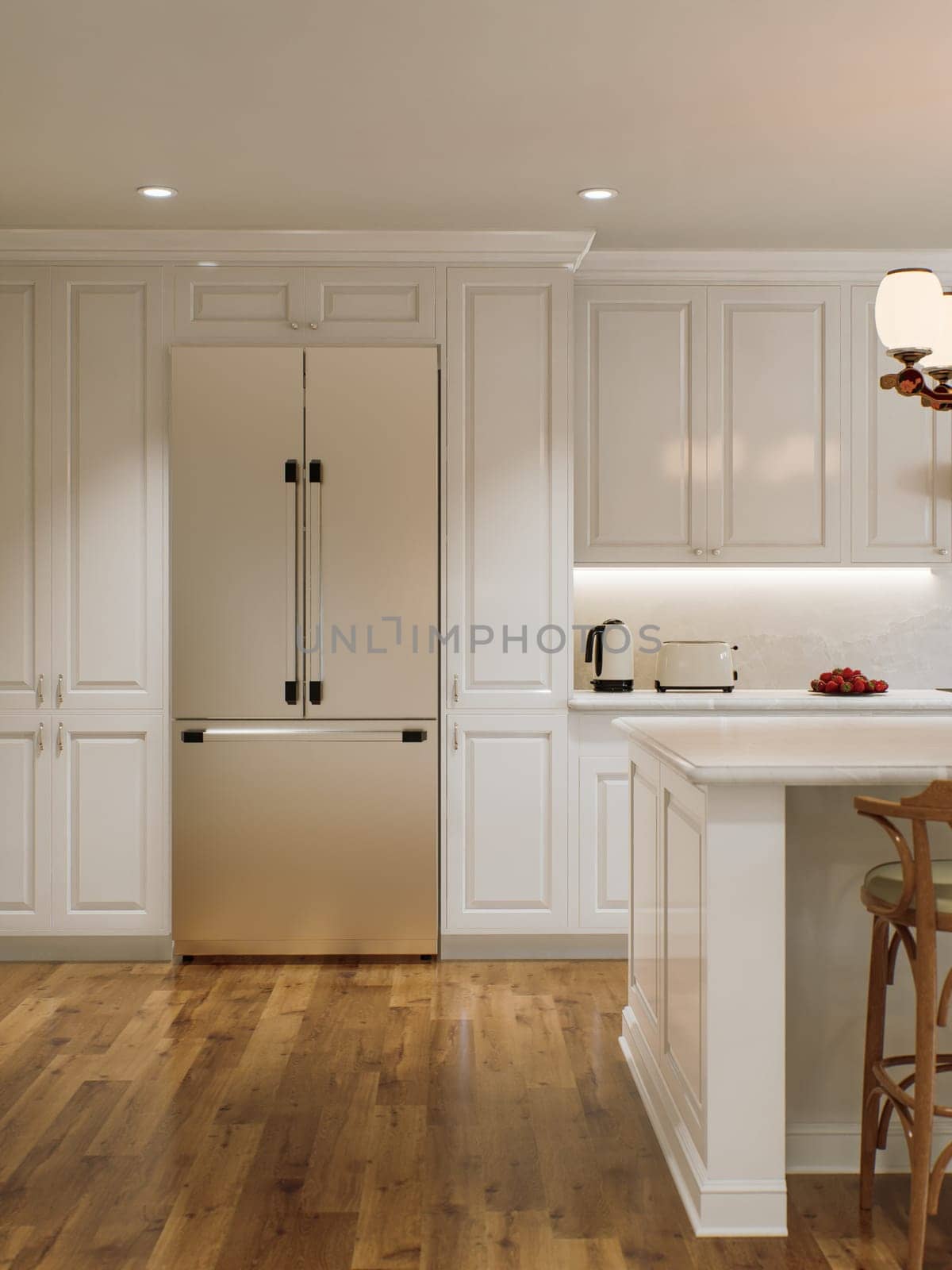 Traditional white kitchen with long island and wooden chairs with varnished wood flooring. Classic kitchen with large chandeliers and kitchen appliances. 3d rendering