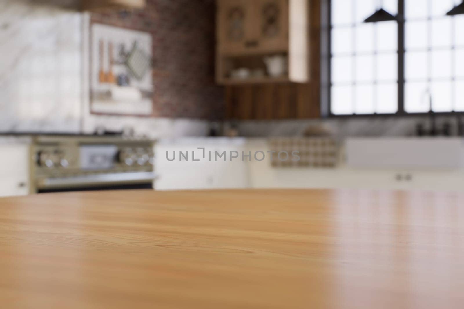 Kitchen with an emphasis on the surface of the kitchen table with a blurred background - a place to place products. L-shaped kitchen with beams and dining table. 3D rendering