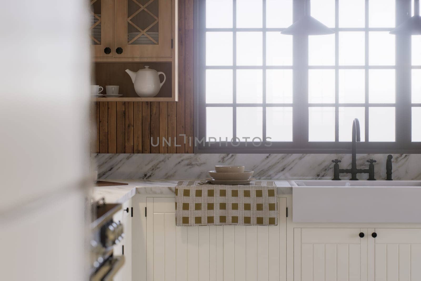 White kitchen with dark red brick, wood, large window and kitchen utensils. by N_Design