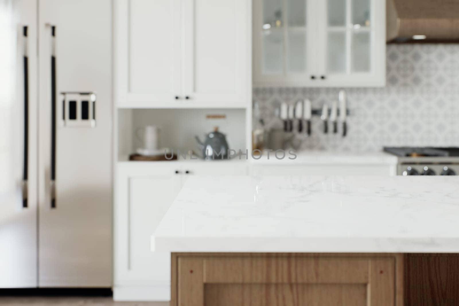 Kitchen with an emphasis on an empty countertop for arranging kitchen utensils. Kitchen interior with white cabinets and wooden island. 3D rendering