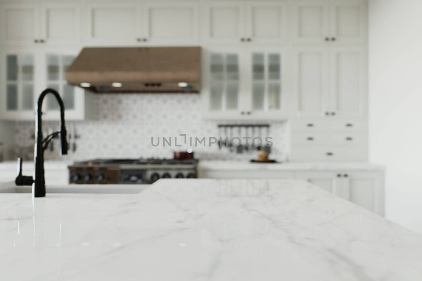 Kitchen with an emphasis on an empty countertop for arranging kitchen utensils. Kitchen interior with white cabinets and wooden island. 3D rendering