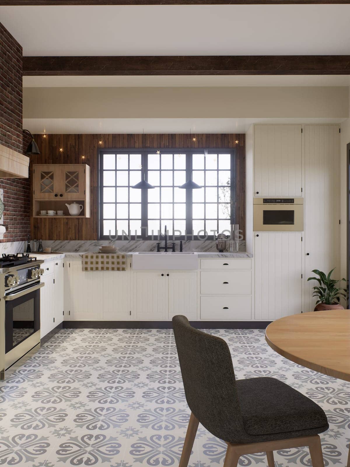 White kitchen with dark red brick, wood, large window and kitchen utensils. L-shaped kitchen with beams and dining table. 3d rendering