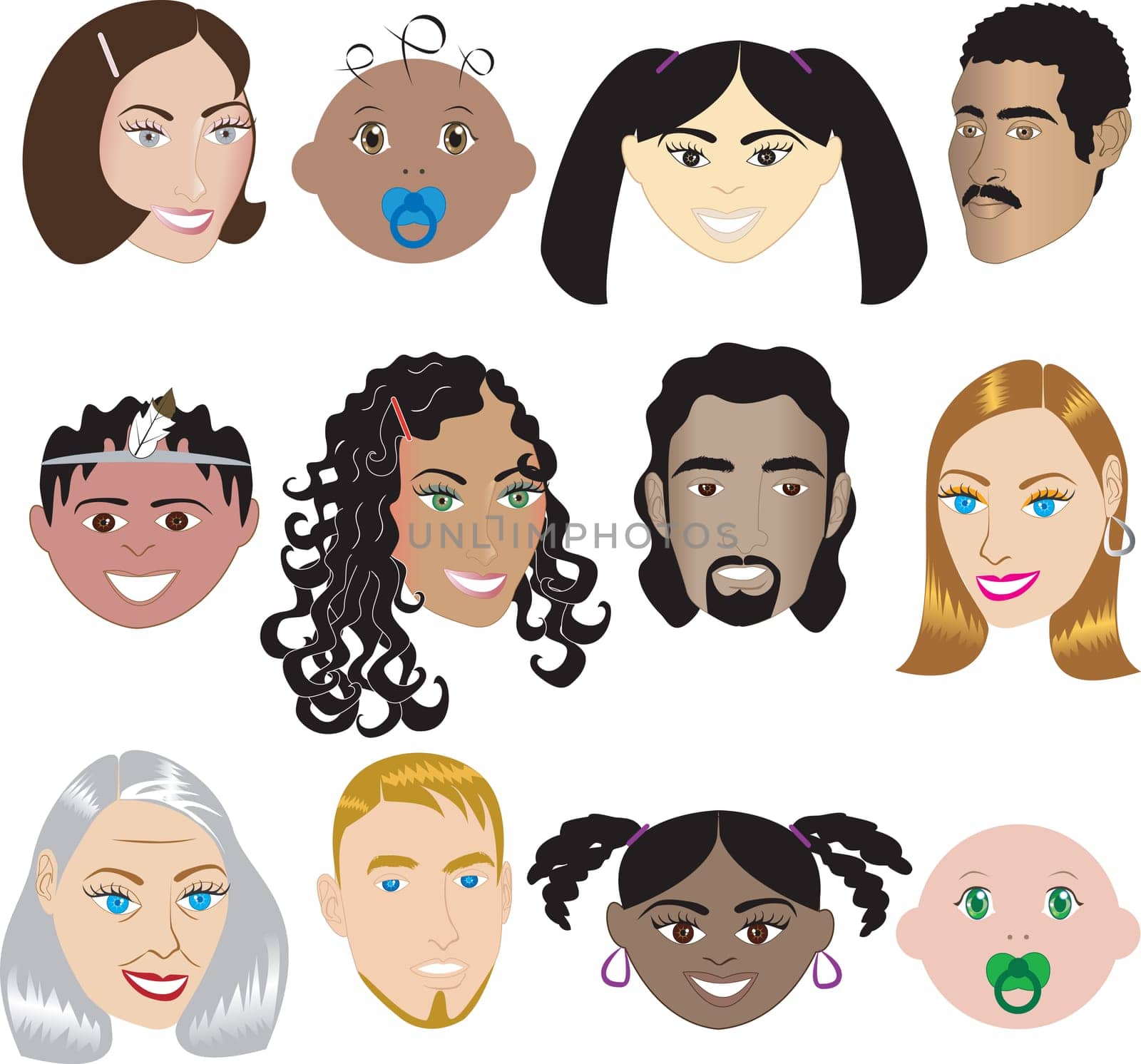 People Faces 3. Vector Illustration set of 12 different faces of all sexes, races and ages. Also available in other sets.