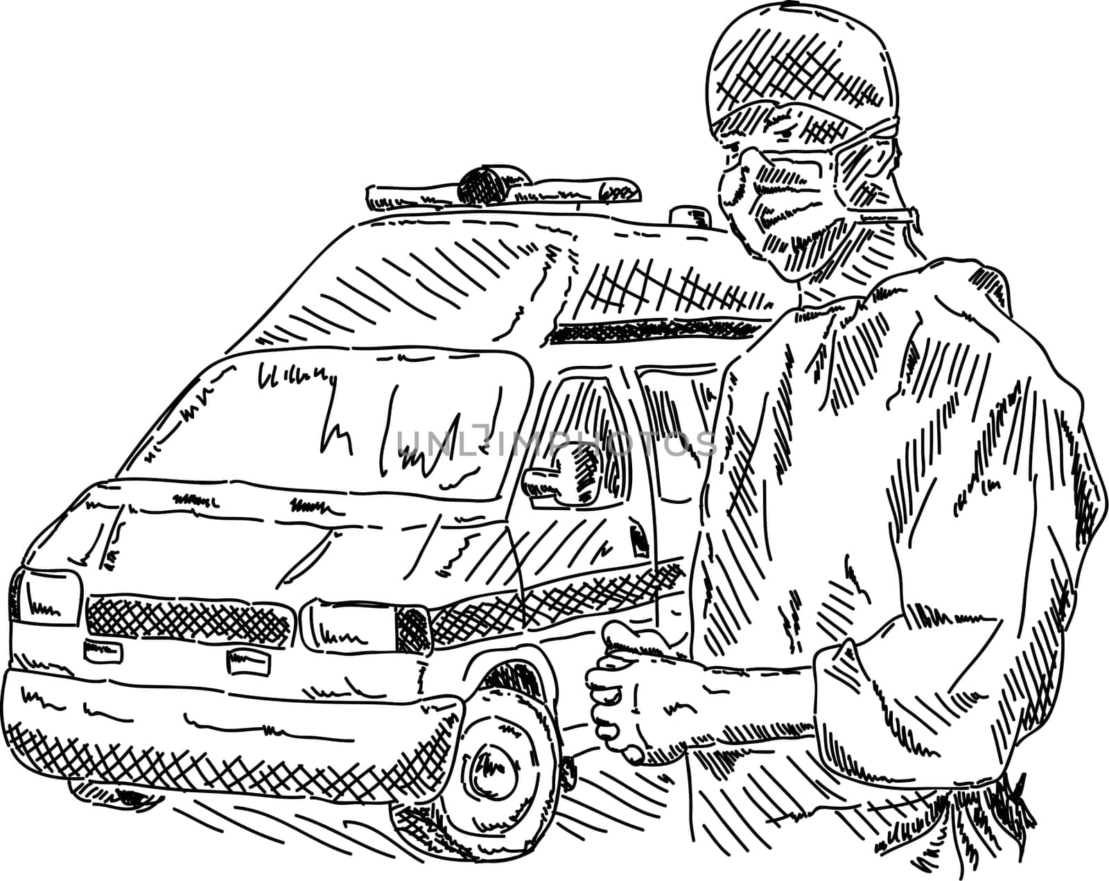 vector - doctor with ambulance car, hand drawing