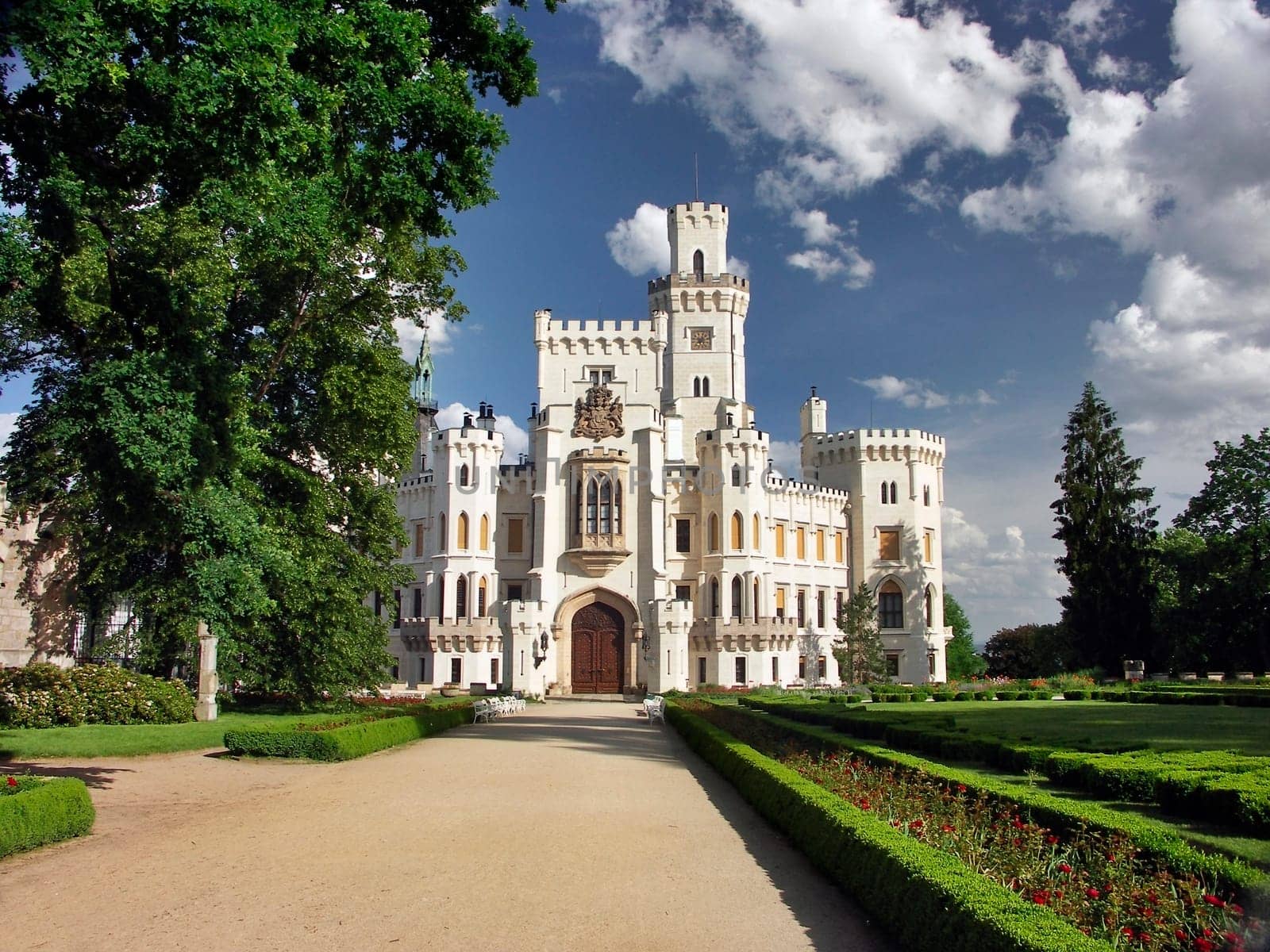 Czech Republic - white castle Hluboka nad Vltavou and green park
