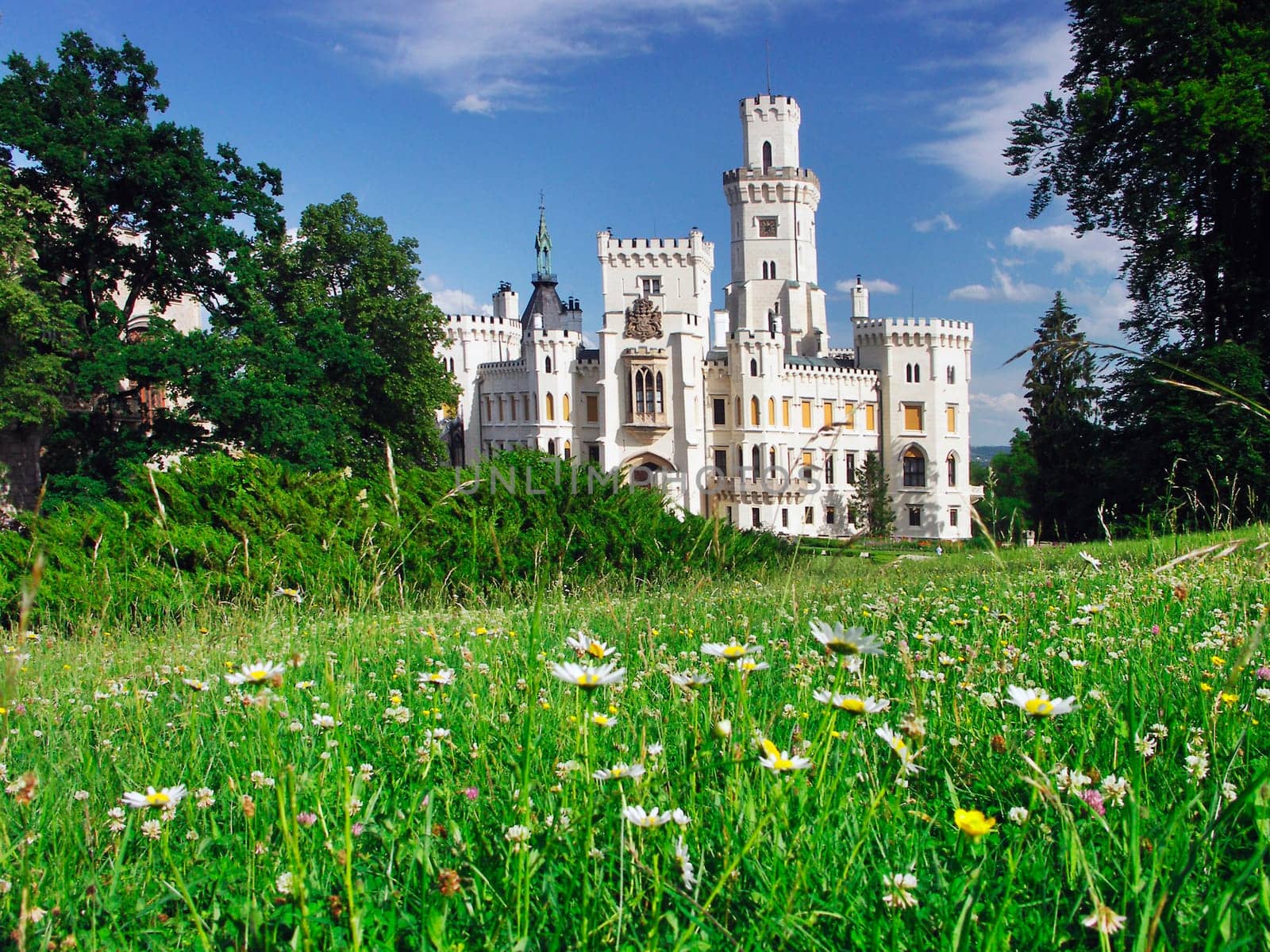 Czech Republic - white castle Hluboka nad Vltavou and green park