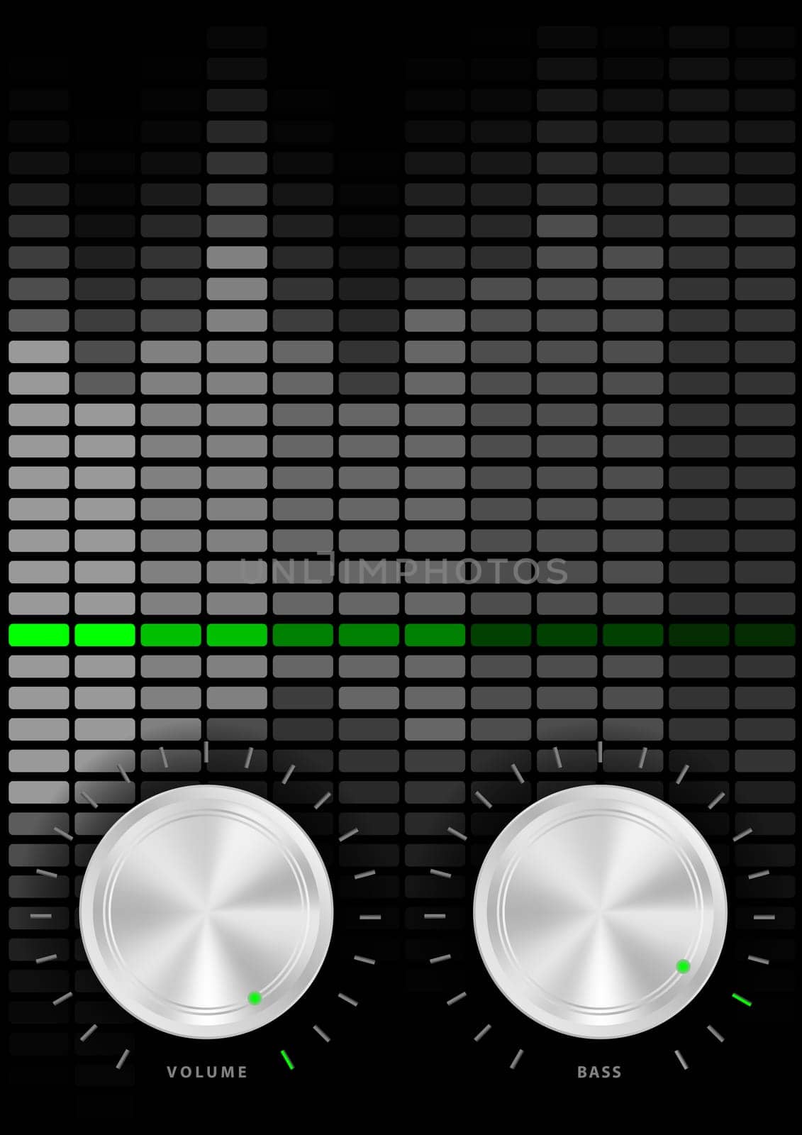 Music Party Background - Amplifier Volume and Bass Knobs and Grey Equalizer on Dark Background