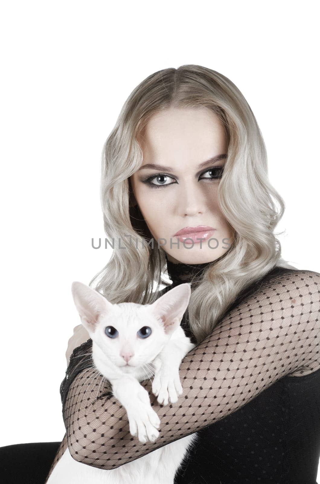 beauty young blond woman with oriental shorthair cat on a white
