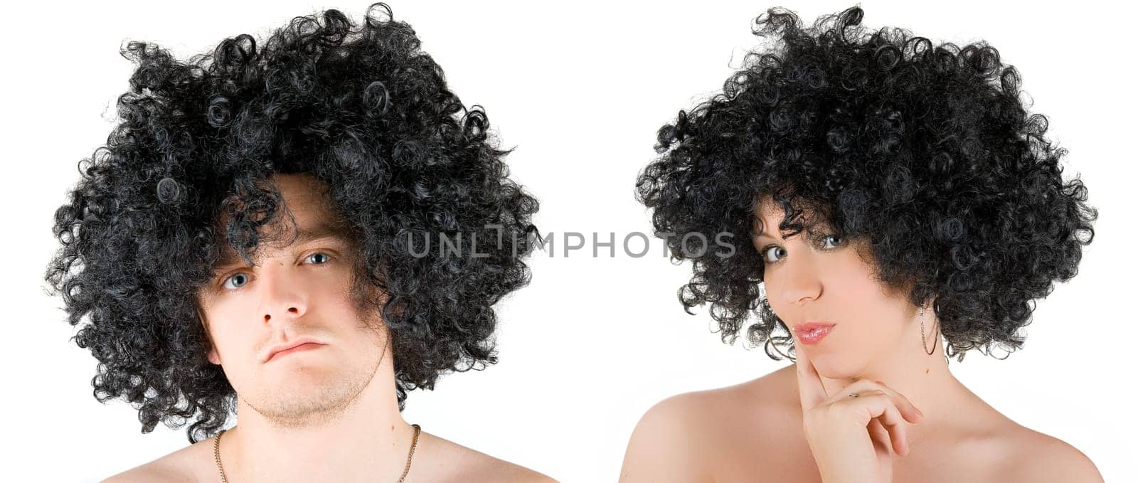 Beautiful young frizzy woman and man  isolated over white background