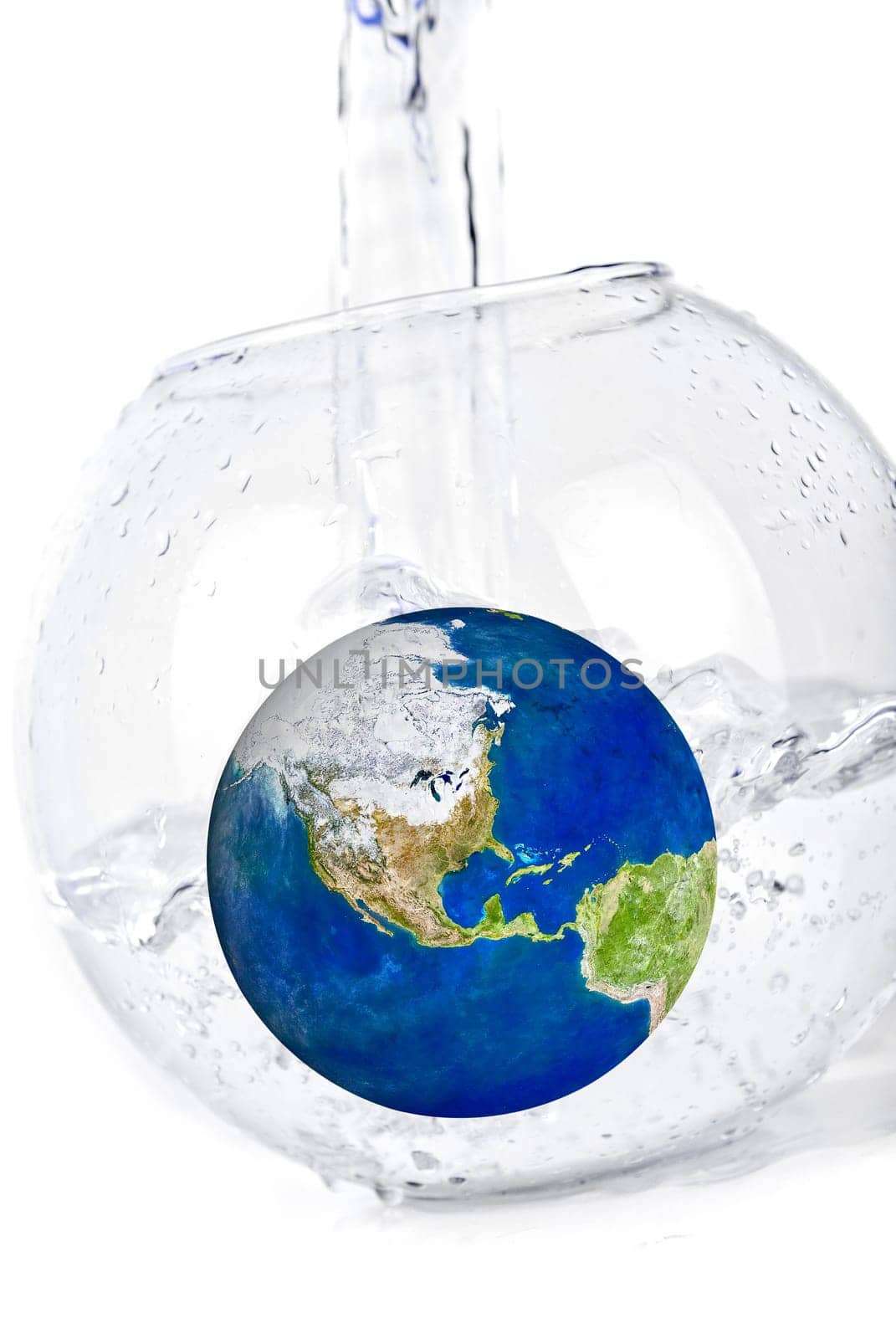 earth in water dropped isolated on a white. inundation concept