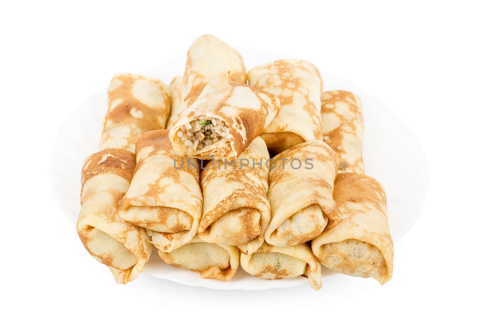 a pancakes with meat and rice on a white