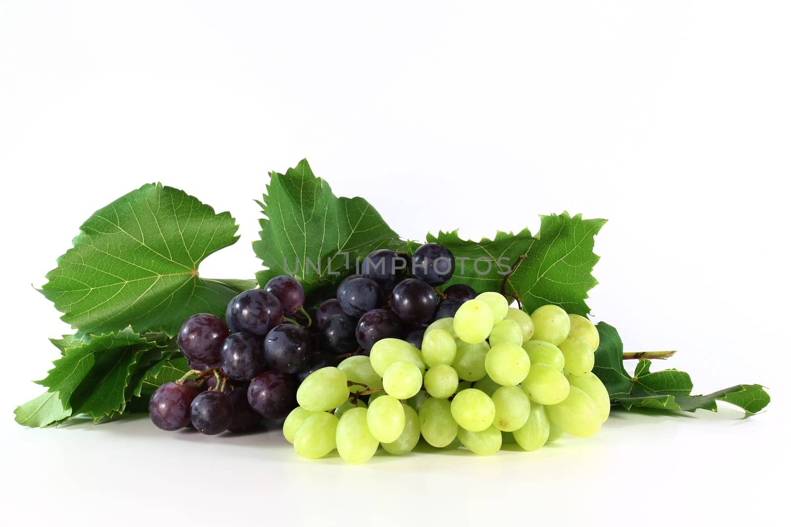 Fresh grapes and leaves against white background
