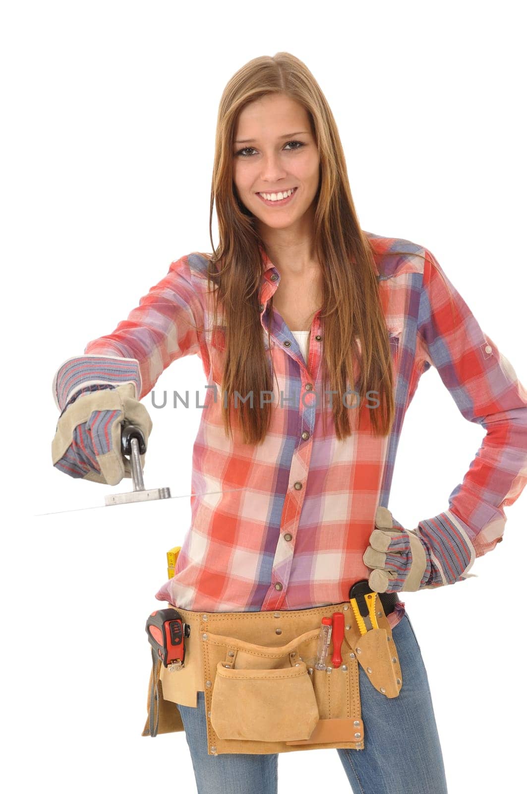 Young woman with long hair is working with a trowel