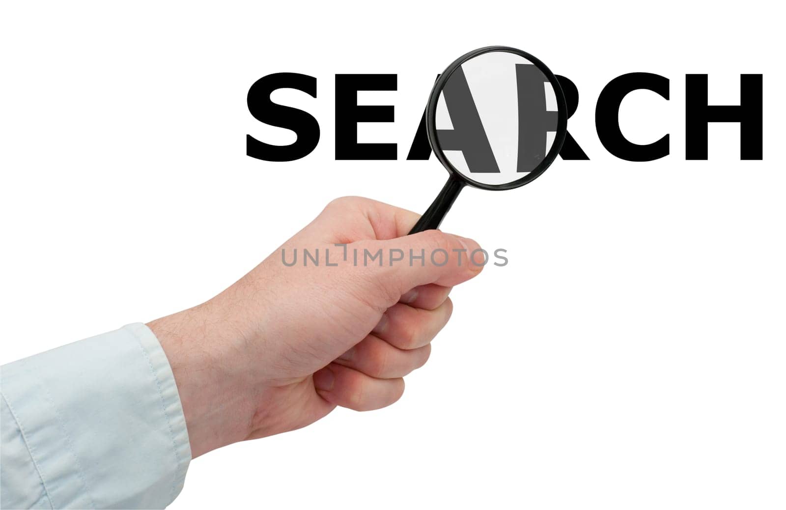 Searching - Man&#039 s Hand Holding Magnifying Glass and Search Sign