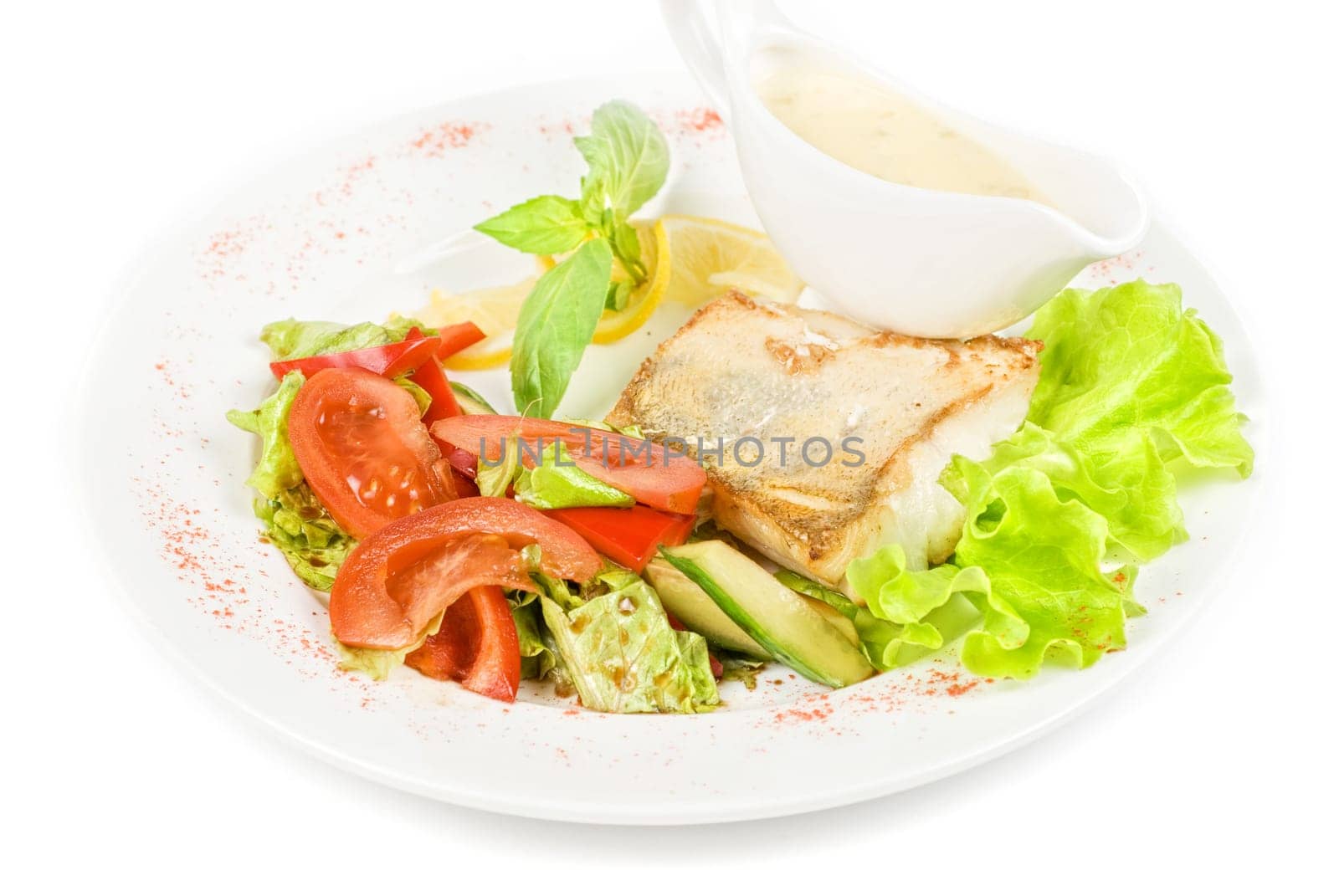 Tasty fish pike perch with mix of vegetables