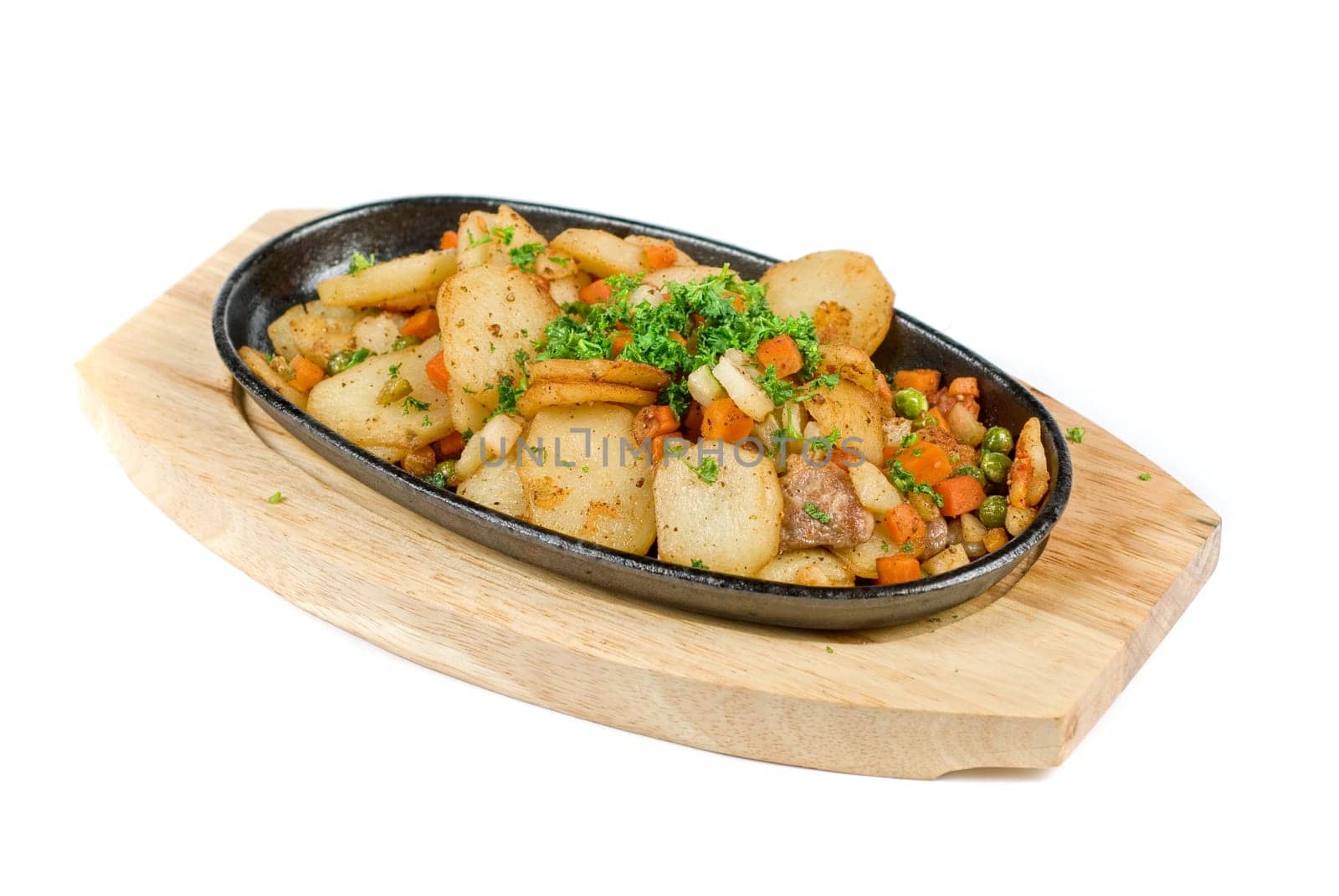 Fried potato with meat and vegetables on a white