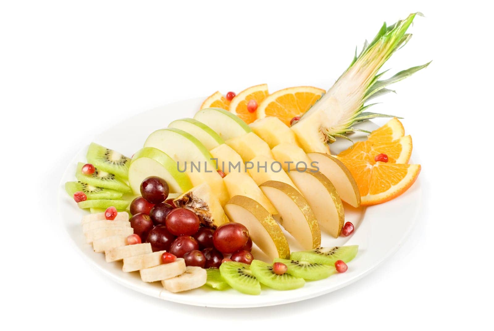 Fruit assortment at plate on a white background